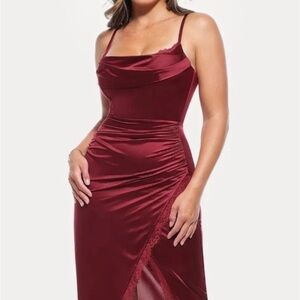 Satin Burgundy Midi Slip Dress with Lace Trim